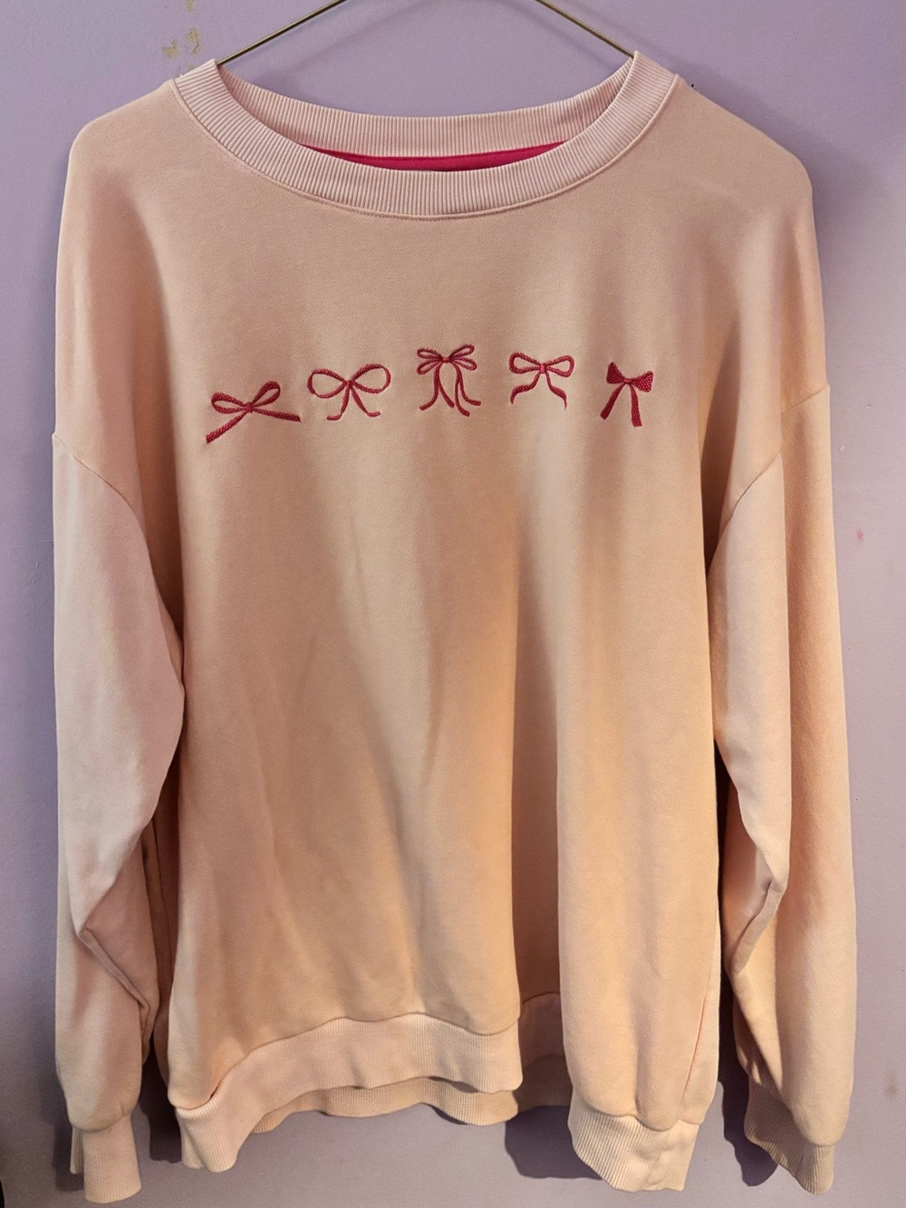 crown & ivy Cream Crewneck Sweatshirt with Pink Bow Embroidery
